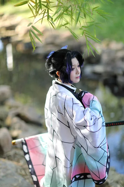 Japan Anime Cosplay Portrait Girl Comic Costume Japanese Theme Garden — Stock Photo, Image