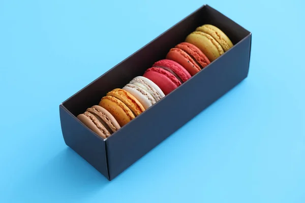 Colorful Macarons Isolated Blue Background — Stock Photo, Image