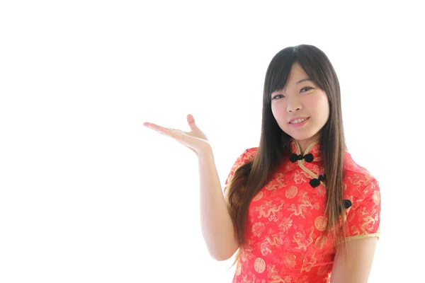 Beauty Woman Wear Red Cheongsam Looking Smile Chinese New Year — Stock Photo, Image