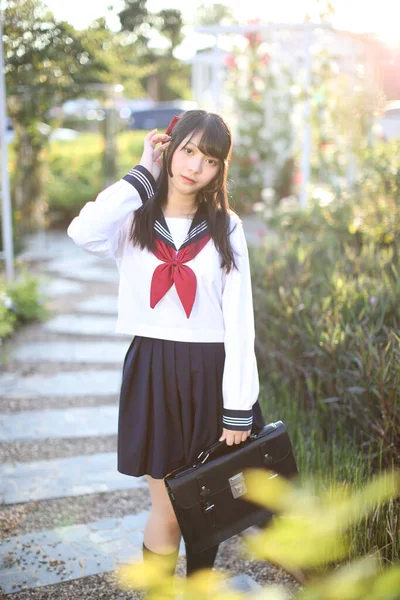 Asian School Girl Walk Looking Flower Garden Background — Stock Photo, Image