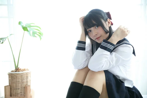 Japanese School Girl Sitting Bedroom White Tone — Stock Photo, Image