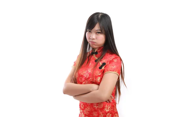 Skönhet Kvinna Bära Röd Cheongsam Ser Och Leende Kinesiska Nytt — Stockfoto