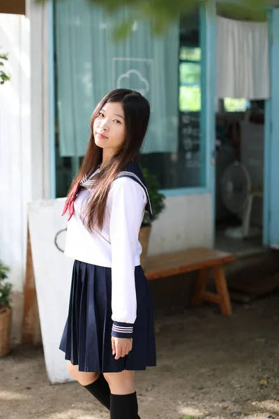 Japanese School Girl Local Coffee Shop — Stock Photo, Image