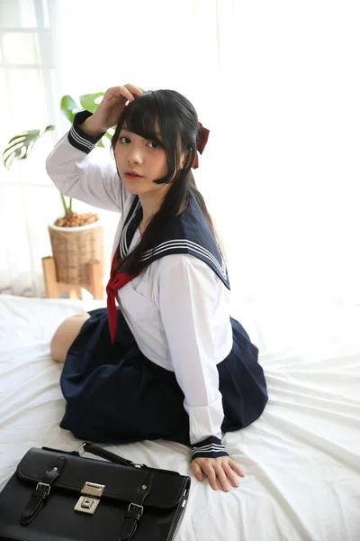 Japanese School Girl Sitting Bedroom White Tone — Stock Photo, Image