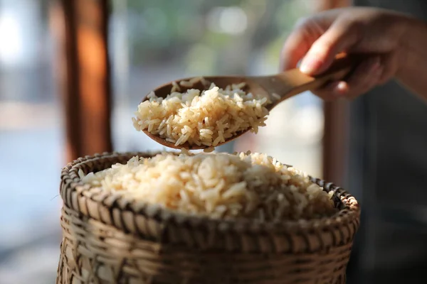 Organic Boiled Brown Rice Wicker Basket Close — Stock Photo, Image