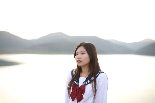 Asian School Girl Looking Mountain River Sunrise — Stock Photo, Image