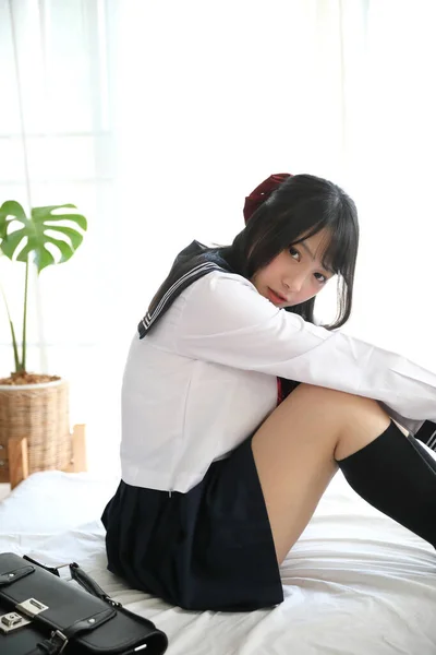 Japanese School Girl Sitting Bedroom White Tone — Stock Photo, Image