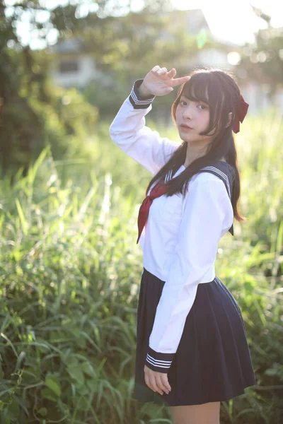 Asian School Girl Countryside Background — Stock Photo, Image