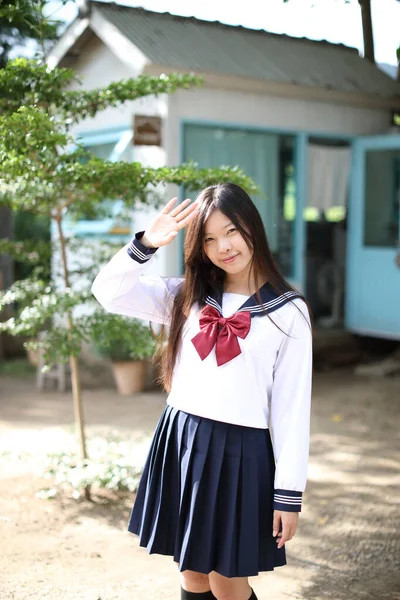 Japanese School Girl Local Coffee Shop — Stock Photo, Image