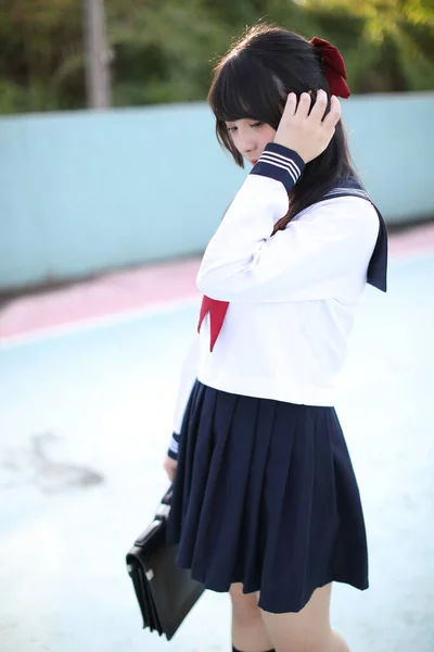 Portrait Asian Schoolgirl Looking Blue Stadium Background — Stock Photo, Image