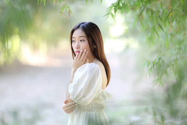 Vacker Ung Kvinna Med Vit Klänning Bambu Skog Bakgrund — Stockfoto