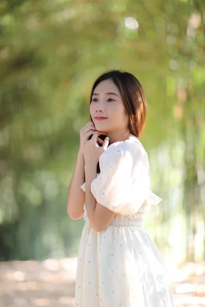Hermosa Mujer Joven Con Vestido Blanco Fondo Del Bosque Bambú — Foto de Stock