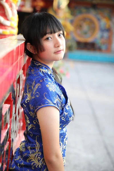 Beauty Woman Wear Blue Cheongsam Looking Smile Chinese New Year — Stock Photo, Image