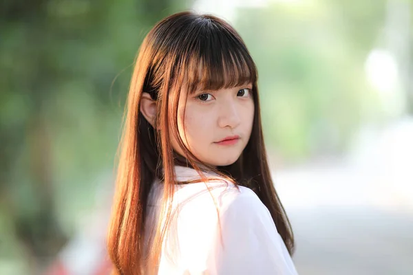 Beautiful Asian Japanese School Girl Uniform Looking Park Outdoor — Stock Photo, Image