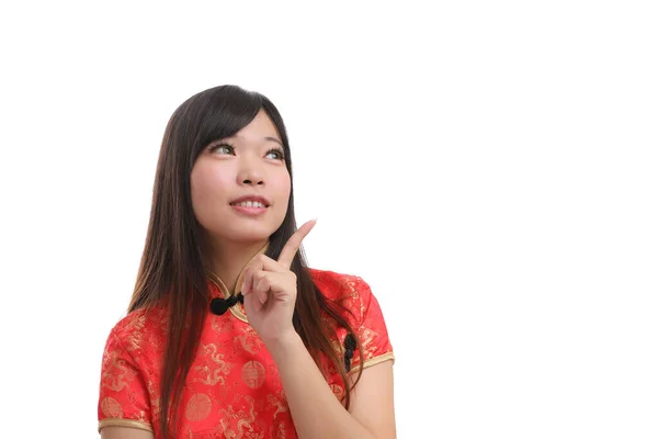 Beauty Woman Wear Red Cheongsam Looking Smile Chinese New Year — Stock Photo, Image