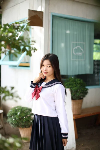 Japanese School Girl Local Coffee Shop — Stock Photo, Image