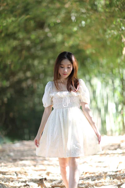 Hermosa Mujer Joven Con Vestido Blanco Fondo Del Bosque Bambú —  Fotos de Stock