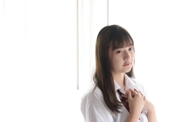 Portrait Japanese School Girl Uniform White Tone Bed Room — Stok Foto