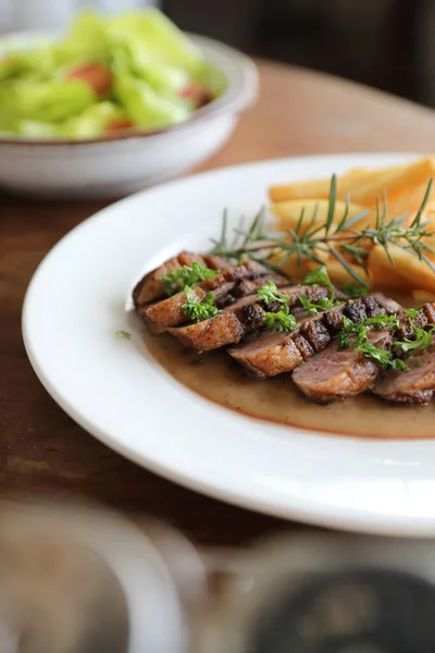 Duck Magret Confit Chips Wood Table — Stock Photo, Image