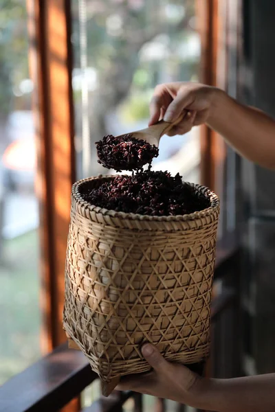 Boiled Riceberry Rice Wicker Basket Spoon Close — Stock Photo, Image