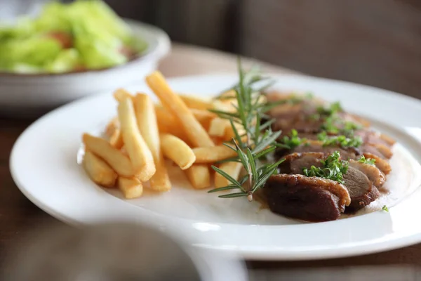 Duck Magret Confit Chips Wood Table — Stock Photo, Image
