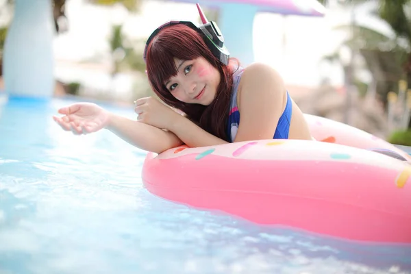 Portrait Japan Anime Cosplay Girl Swim Suit Swimming Pool — Stock Photo, Image