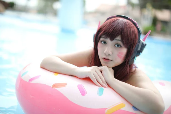 Retrato Japón Anime Cosplay Chica Con Traje Baño Piscina — Foto de Stock