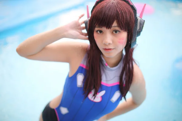 Portrait Japan Anime Cosplay Girl Swim Suit Swimming Pool — Stock Photo, Image