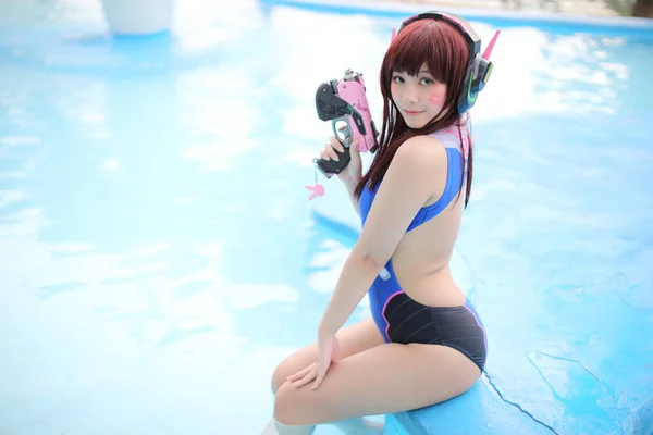 Retrato Japão Anime Cosplay Menina Com Maiô Piscina — Fotografia de Stock