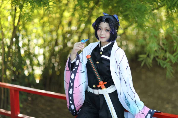 Japan Anime Cosplay Portrait Girl Comic Costume Japanese Theme Garden — Stock Photo, Image