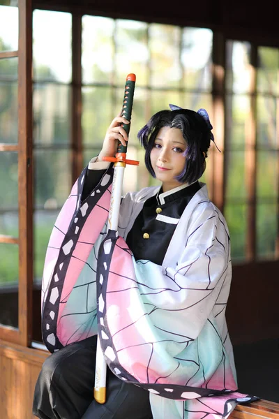 Japan Anime Cosplay Portrait Girl Comic Costume Japanese Theme Garden — Stock Photo, Image