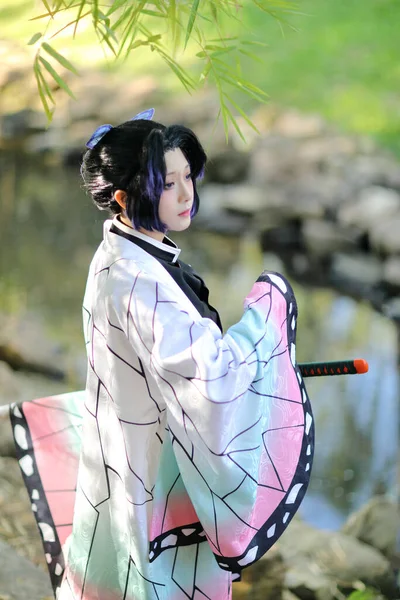 Japão Anime Cosplay Retrato Menina Com Traje Cômico Com Jardim — Fotografia de Stock