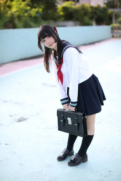 Portrait Asian Schoolgirl Looking Blue Stadium Background — Stok Foto