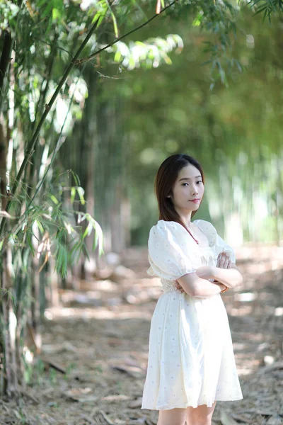 Mulher Bonita Com Vestido Branco Fundo Floresta Bambu — Fotografia de Stock