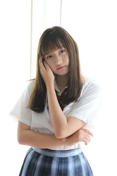 Portrait Japanese School Girl Uniform White Tone Bed Room — Stock Photo, Image
