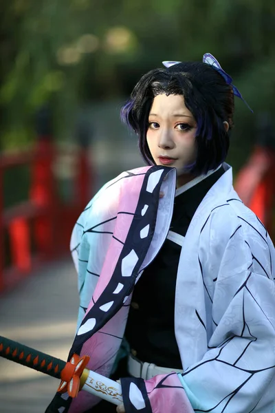 Japan Anime Cosplay Portrait Girl Comic Costume Japanese Theme Garden — Stock Photo, Image