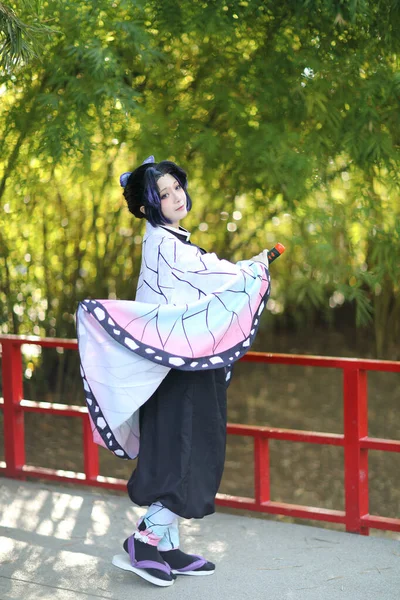 Japão Anime Cosplay Retrato Menina Com Traje Cômico Com Jardim — Fotografia de Stock