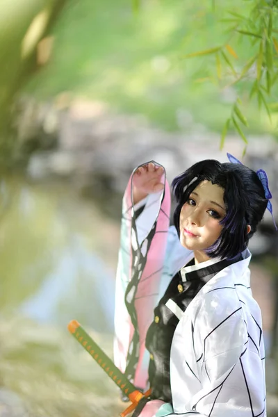 Japan Anime Cosplay Portrait Girl Comic Costume Japanese Theme Garden — Stock Photo, Image