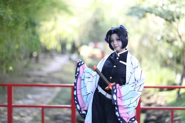 Japan Anime Cosplay Porträtt Flicka Med Komisk Kostym Med Japansk — Stockfoto