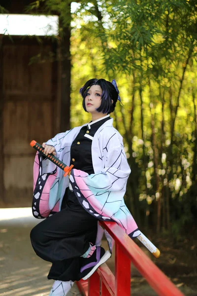 Japon Anime Cosplay Portrait Fille Avec Costume Comique Avec Jardin — Photo