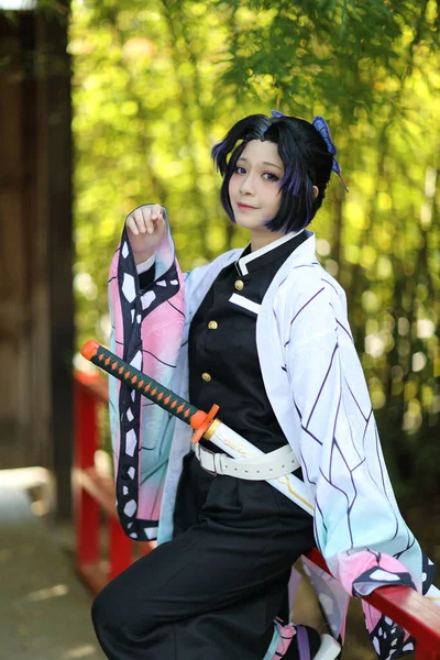 Japan Anime Cosplay Portrait Girl Comic Costume Japanese Theme Garden — Stock Photo, Image