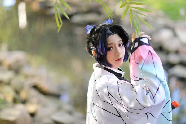 Japan Anime Cosplay Porträtt Flicka Med Komisk Kostym Med Japansk — Stockfoto