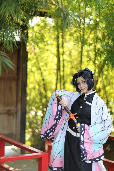 Japón Anime Cosplay Retrato Chica Con Traje Cómico Con Jardín — Foto de Stock