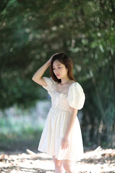 Hermosa Mujer Joven Con Vestido Blanco Fondo Del Bosque Bambú —  Fotos de Stock