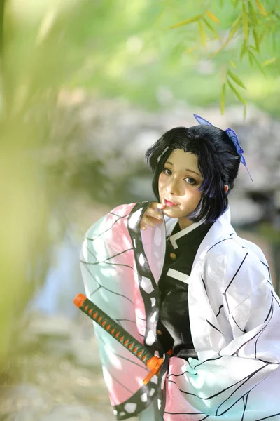 Japan Anime Cosplay Portrait Girl Comic Costume Japanese Theme Garden — Stock Photo, Image