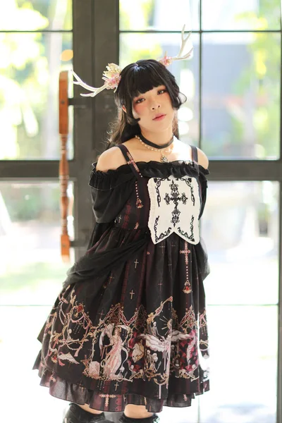 Portrait Asian Girl Lolita Fashion Dress Vintage Garden Background — Stock Photo, Image