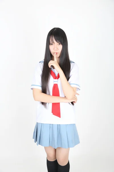 Ázsiai iskolás lány, elszigetelt fehér háttér a — Stock Fotó
