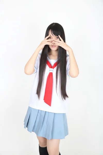 Ázsiai iskolás lány, elszigetelt fehér háttér a — Stock Fotó