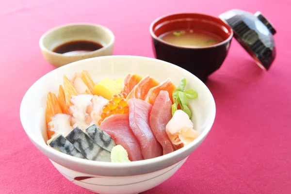 Sushi don , raw salmon tuna octopus on rice — Stock Photo, Image