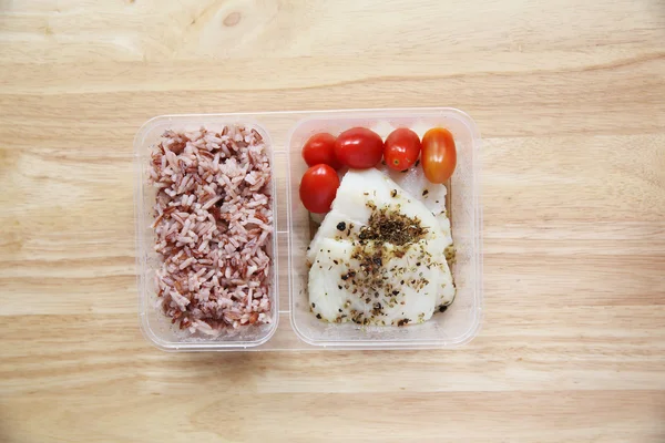 Filé de bacalhau de alimento limpo com arroz Fotos De Bancos De Imagens Sem Royalties